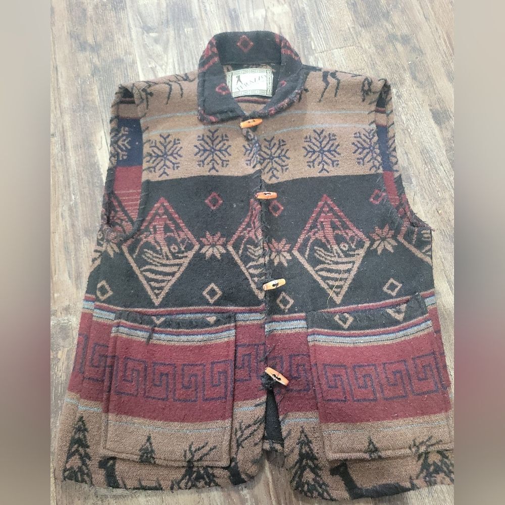 Vintage Terazzo Italy Wool Southwestern Aztec Snowflake Vest Jacket Rare Western
